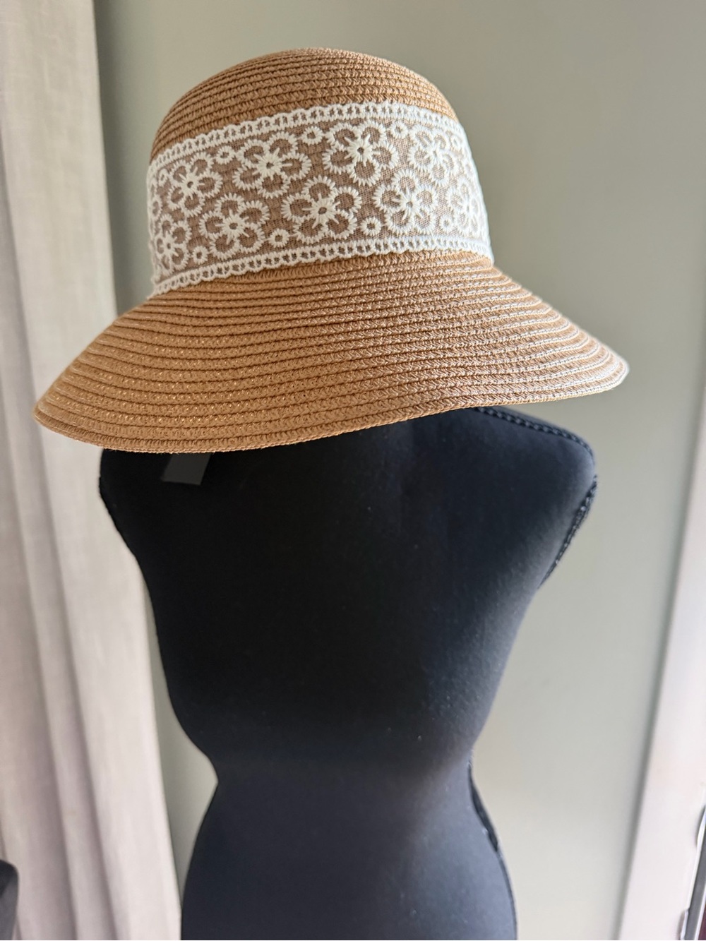 Rachel Zoe Tan Straw Sun Hat with White Lace Band